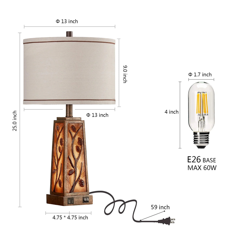 RORIA 24 Modern Living Room Table Lamp 2-Piece Set with 2 USB Charging Ports, Built-in White Frosted Glass with Night Light, Black Vintage Rustic Farmhouse Lamp for Bedroom Nightstand Lamps