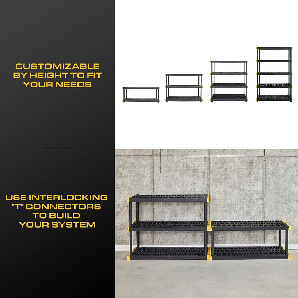 Black & Yellow, 5-Tier Heavy Duty Plastic Storage Shelving Unit, 200lbs/shelf (72 H x 48 W x 20 D), for Indoor/Outdoor Organization, Modular Rack