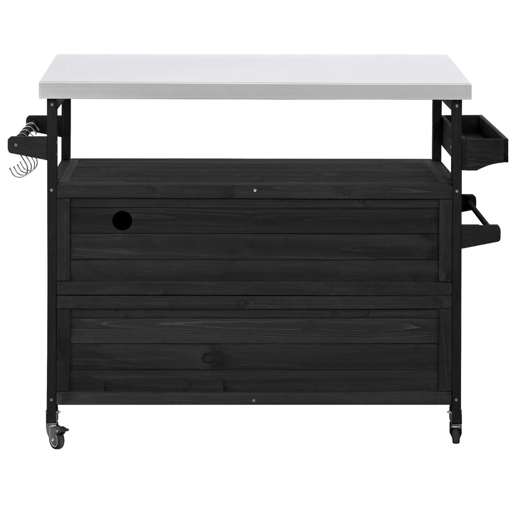 Outdoor Kitchen Island, Rolling Bar Cart & Storage Cabinet, Farmhouse Solid Wood Outdoor Grill Table with Stainless Steel Top, Spice Rack , Towel Rack for Kitchen & BBQ , Natural