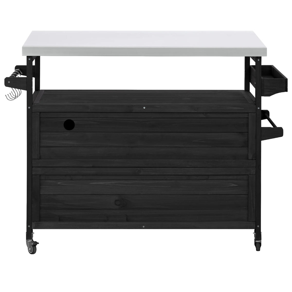 Outdoor Kitchen Island, Rolling Bar Cart & Storage Cabinet, Farmhouse Solid Wood Outdoor Grill Table with Stainless Steel Top, Spice Rack , Towel Rack for Kitchen & BBQ , Natural