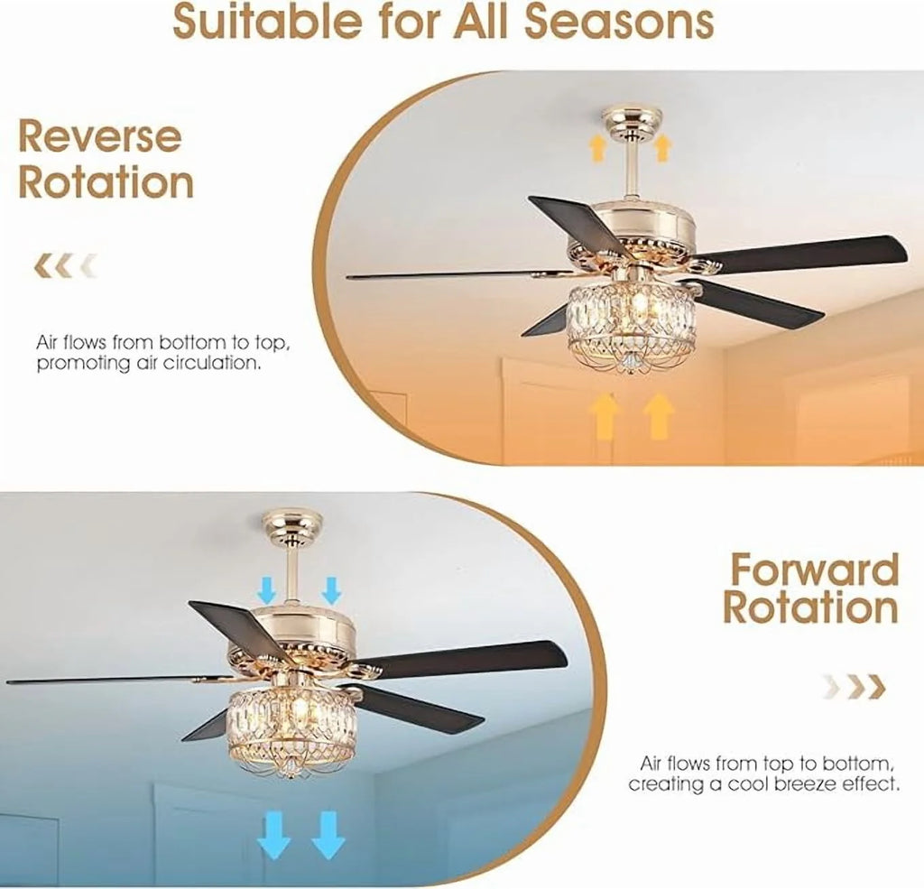 Kviflon 52" Farmhouse Ceiling Fan with Lights & Remote, Crystal Chandelier, Wood Blades, Quiet Motor, 6-Speed, Timer, Modern Lighting for Living Room, Bedroom, Dining Room, Chrome Finish