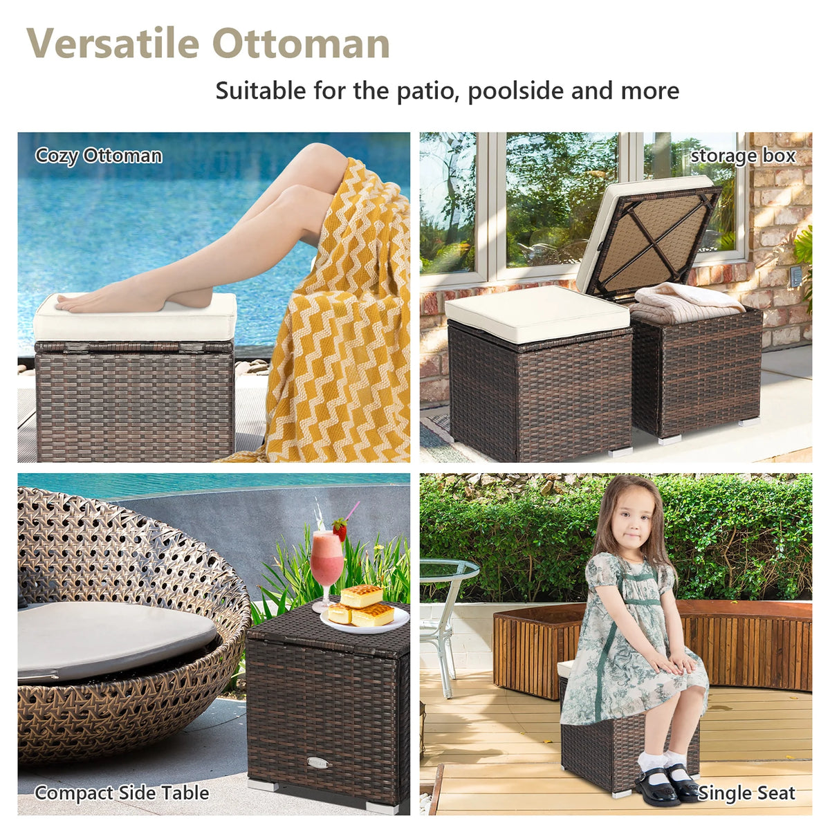 Costway 2PC Patio Rattan Ottoman Seat Side Table Storage Box Footrest Off White