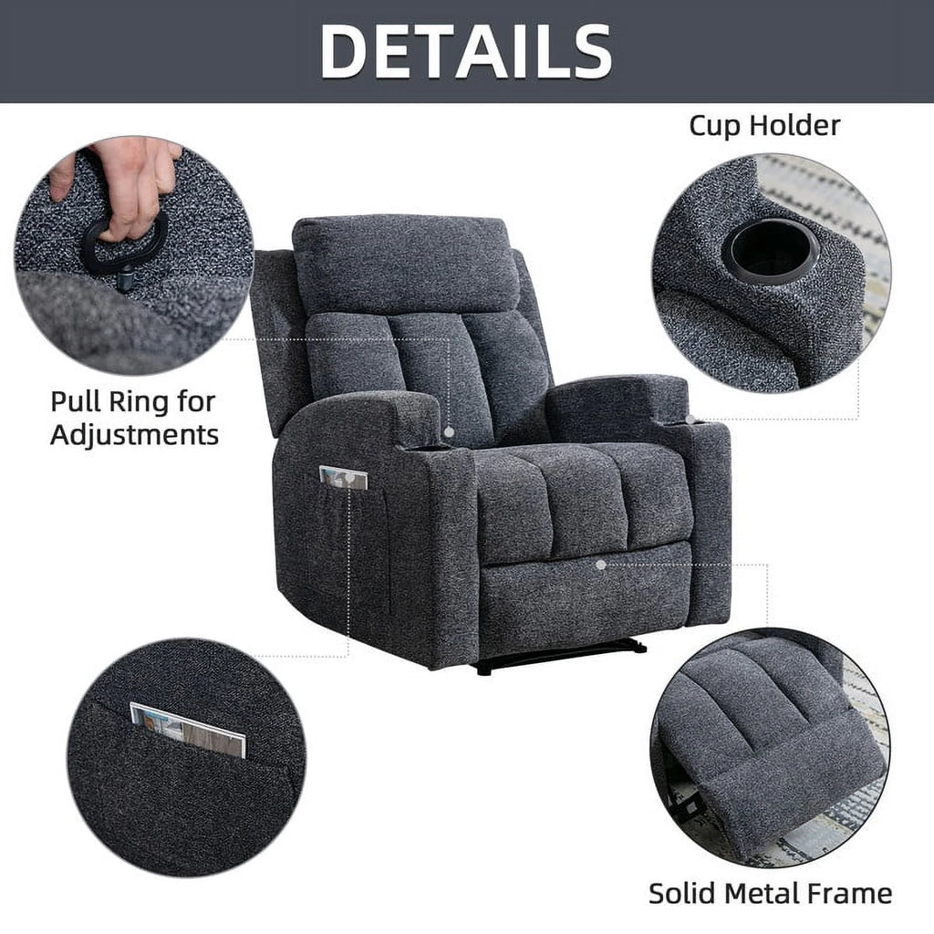 Bonzy Home Heated Manual Massage Recliner with Cup Holder Padded Breathable Fabric Recliner, Home Theater Seating Navy