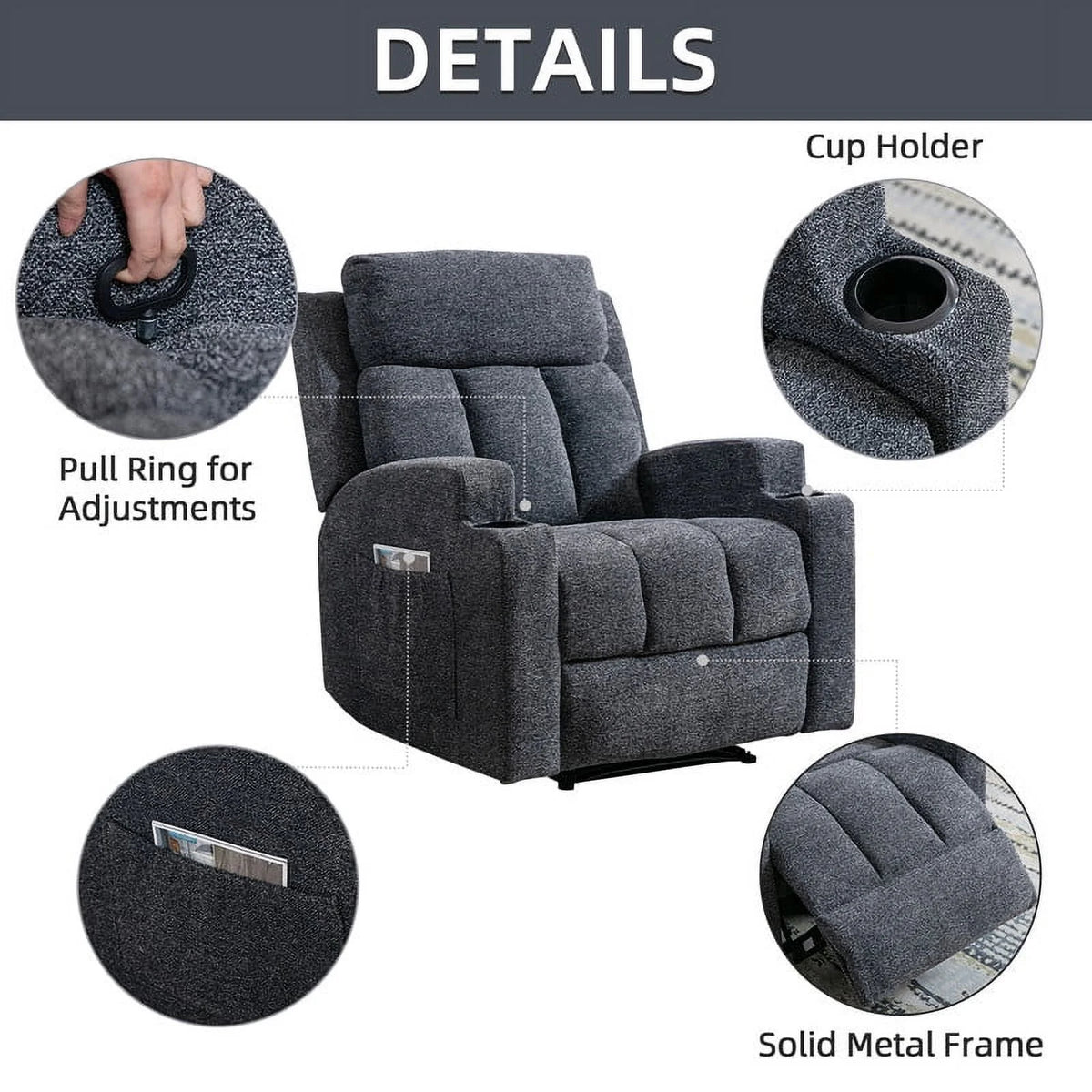 Bonzy Home Heated Manual Massage Recliner with Cup Holder Padded Breathable Fabric Recliner, Home Theater Seating Navy