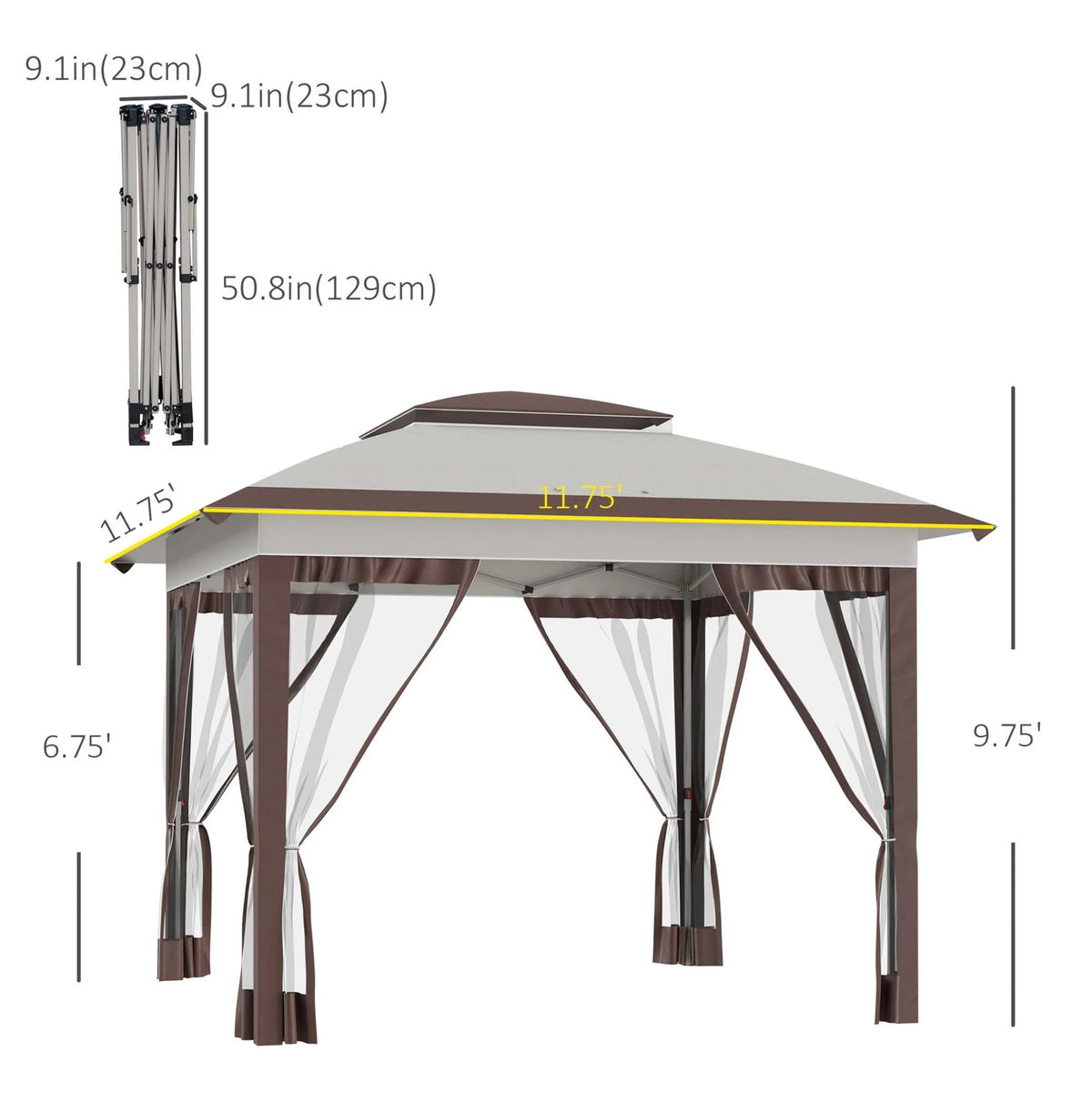 12' x 12' Pop Up Canopy Tent with Netting and Carry Bag, Instant Sun Shelter with 137 sq.ft Shade, Beige and Brown