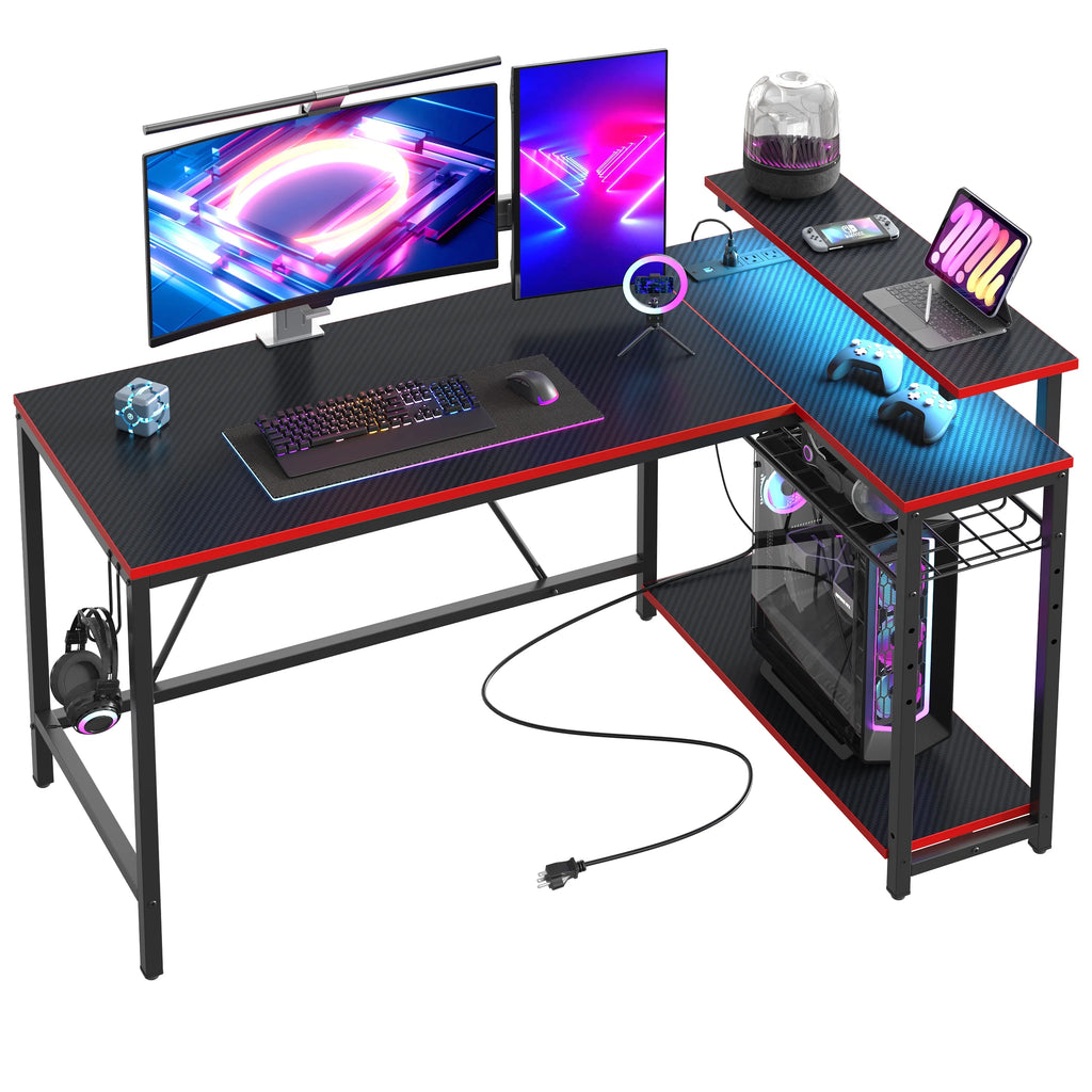 Bestier 52" Gaming Desk with LED Lights L Shaped Desk with Power Outlet & Monitor Stand Corner Computer Desk in Carbon Fiber
