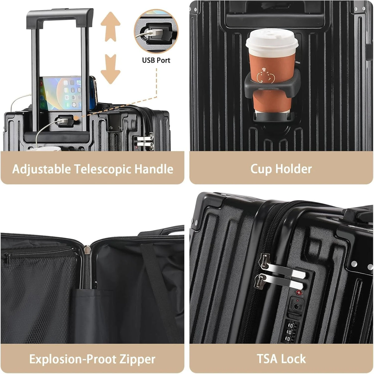20 Inch Carry On Luggage With Cup Holder & USB Port, Airline Approved TSA-locked Luggage, Lightweight PC Material Travel Suitcase With 360 Spinner Wheel