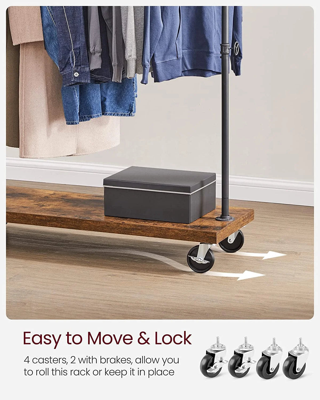 VASAGLE Clothes Rack Heavy Duty Clothing Rack Rolling Garment Rack with Shelf for Bedroom Laundry Room Retail Store Rustic Brown and Black