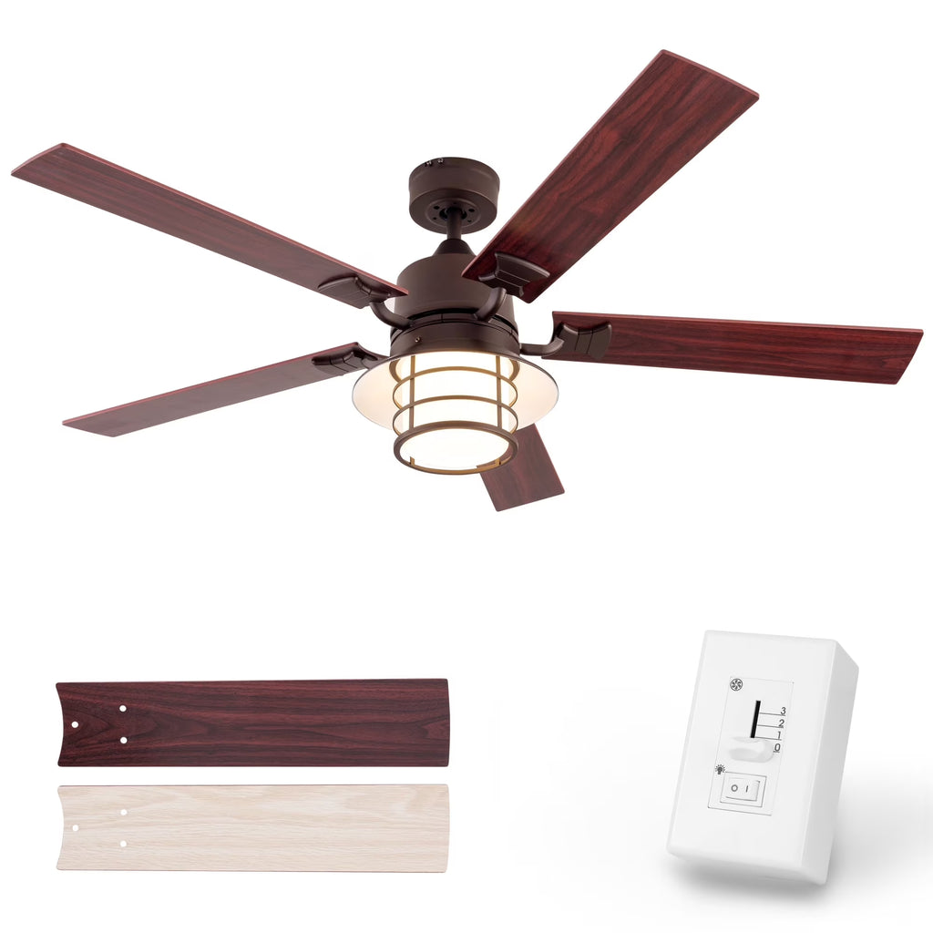 Simpol 52" Prominent Indoor Ceiling Fan with LED Light, Pull Chain and Remote Control, Reversible AC Motor, Walnut/Silver Reversible Blades and Satin Nickel Finish