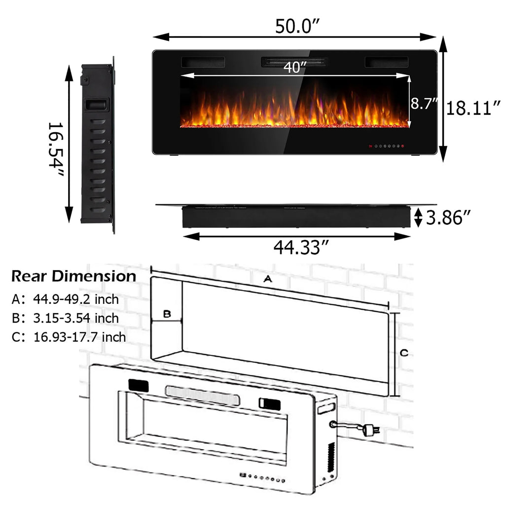 Costway 36'' Electric Fireplace Recessed Ultra Thin Wall-Mounted Heater w/Multicolor Flame