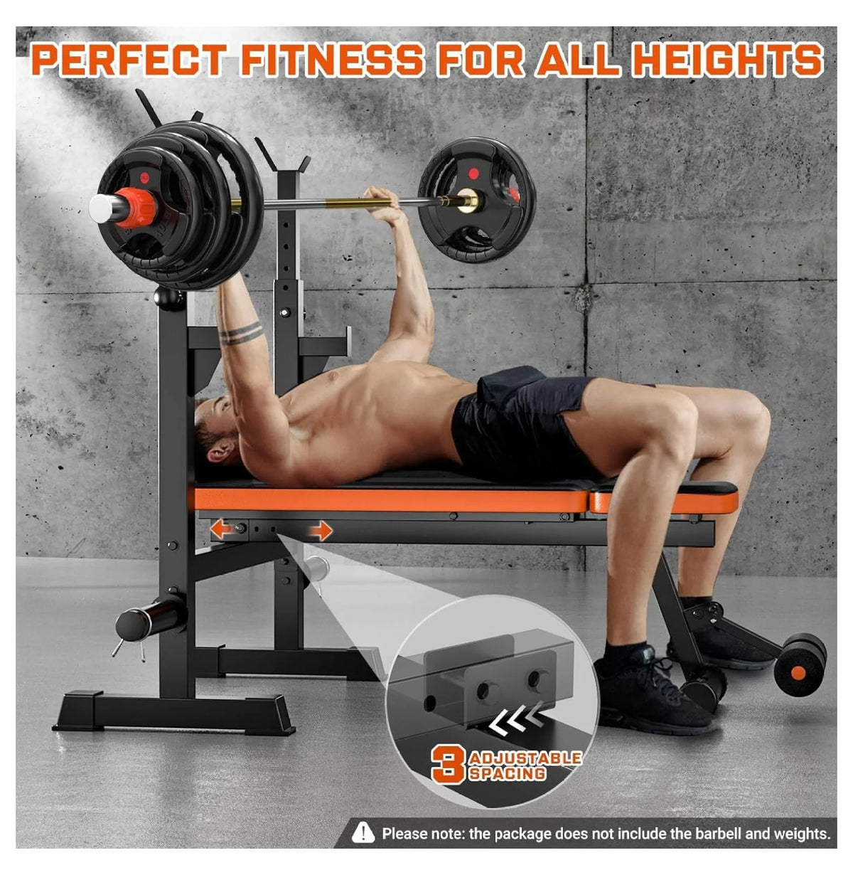 770lbs Weight Set with Squat Rack, 5 in 1 Workout Press With Removable Foot Catch, Adjustable Flat Incline Sit Up for Home Gym Full Body Strength Training orange