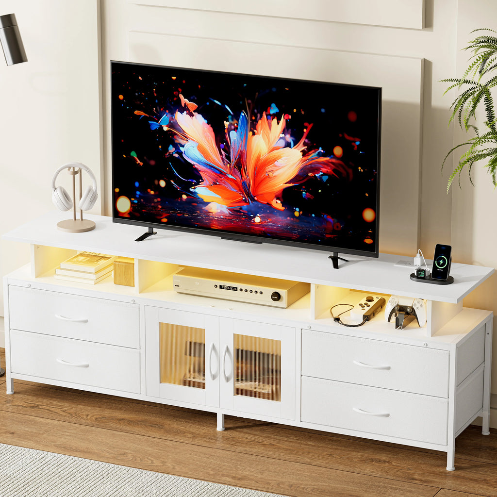 GUNAITO TV Stand for TV up to 70", Big TV Stand for Living Room Entertainment Center with LED Lights and 4 Fabric Drawers , Black