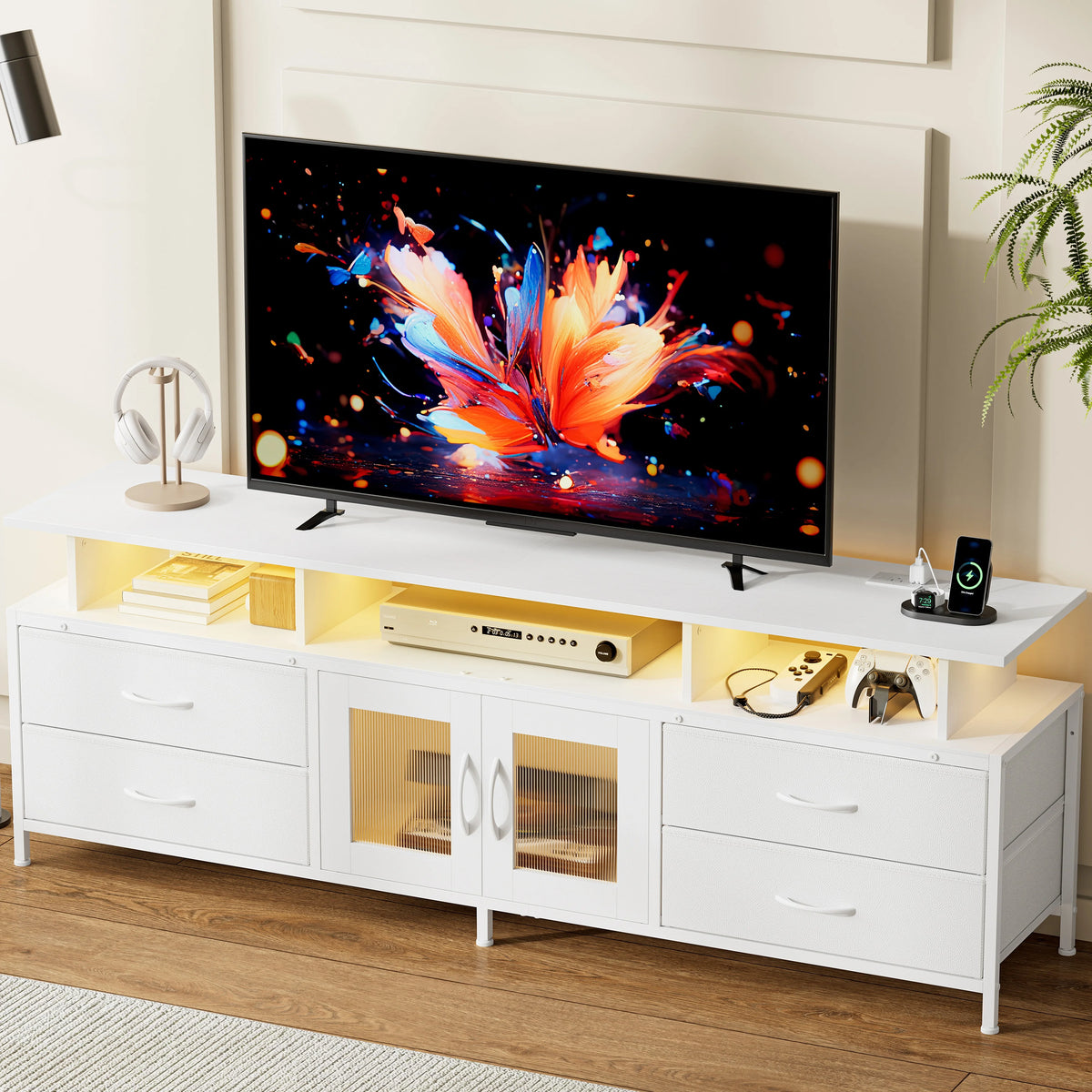 GUNAITO TV Stand for TV up to 70", Big TV Stand for Living Room Entertainment Center with LED Lights and 4 Fabric Drawers , Black