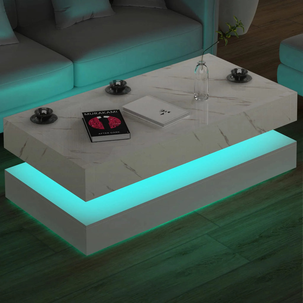 ChVans Large Black LED Coffee Table with 2 Storage Drawers, Modern High Gloss Coffee Table w/20 Colors LED Lights/APP Control, 2 Tiers Rectangle Large Living Room Furniture w/Marbling Print(47.3")