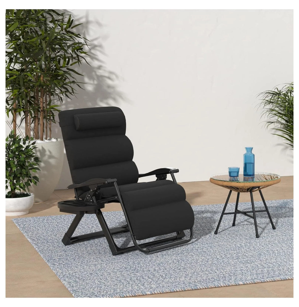 Oversized Chair, Folding Outdoor Patio Recliner, XL Anti Gravity Lounger w/Removable Cushion, Cup Holder, Side Tray, 350lb Capacity - Taupe