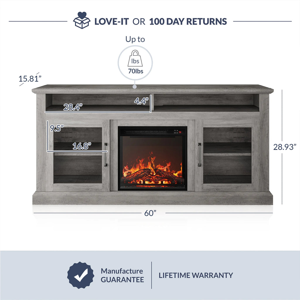 BELLEZE 60" TV Stand with 18" Electric Fireplace, Traditional TV Stand for TVs up to 65", Modern Media Entertainment Center Console Table with Open Storage Shelves & Cabinets - Cayman (Rustic Grey)