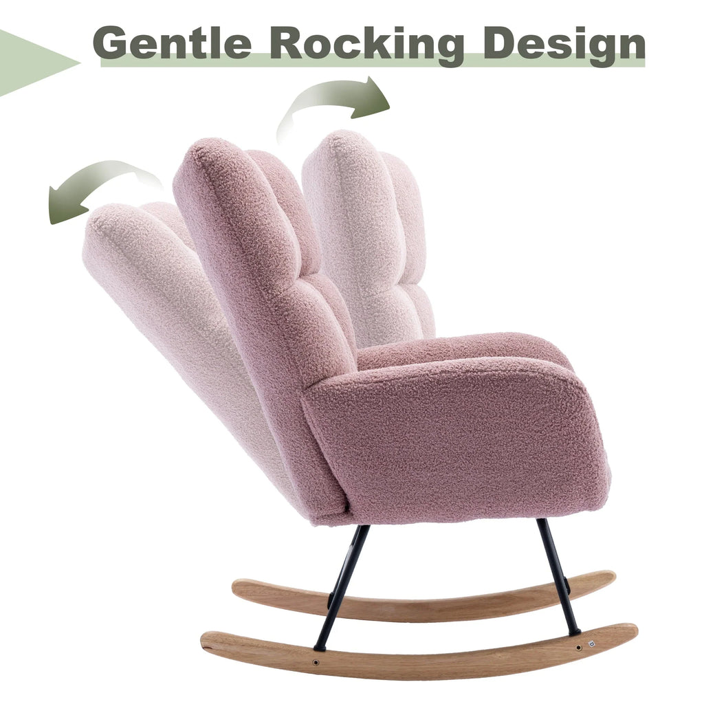 HONSIT Pink Nursery Rocking Chair, Teddy Fabric Upholstered Glider Rocker with High Backrest, Modern Rocking Accent Chairs Comfy Side Chair for Nursery, Bedroom, Living Room