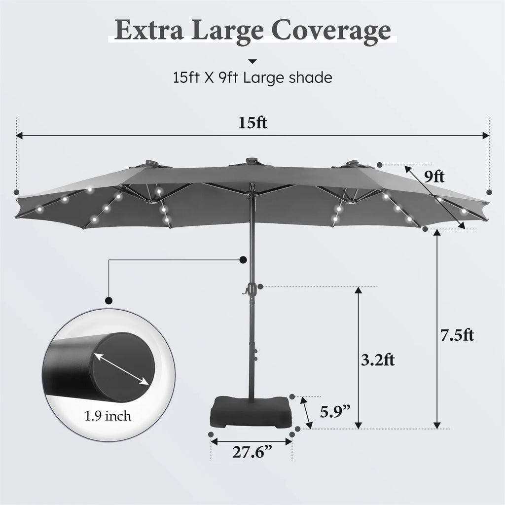 Summit Living 15 FT Double-Sided Solar Patio Umbrella with Base Large Outdoor Umbrella with LED Solar Lights - Haze Blue