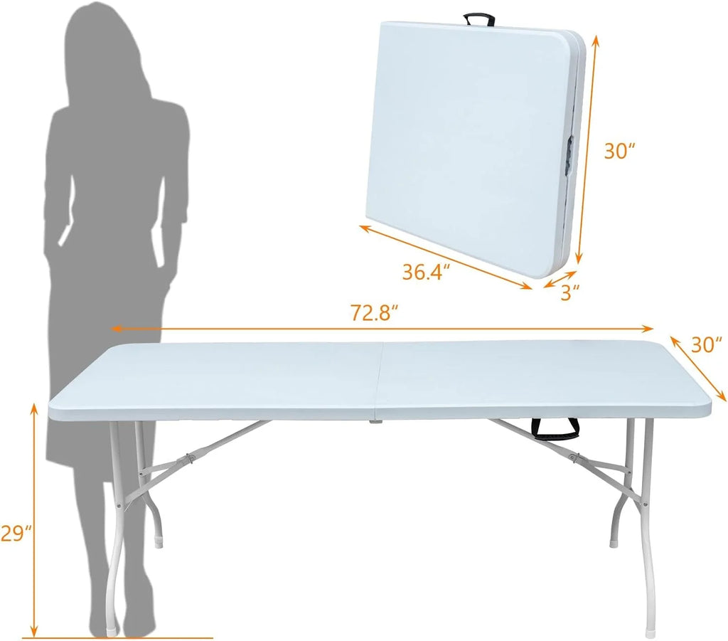 Folding Table with Carry Handle, Portable Fold-in-Half Plastic Table, Rectangle Foldable Table for Indoor