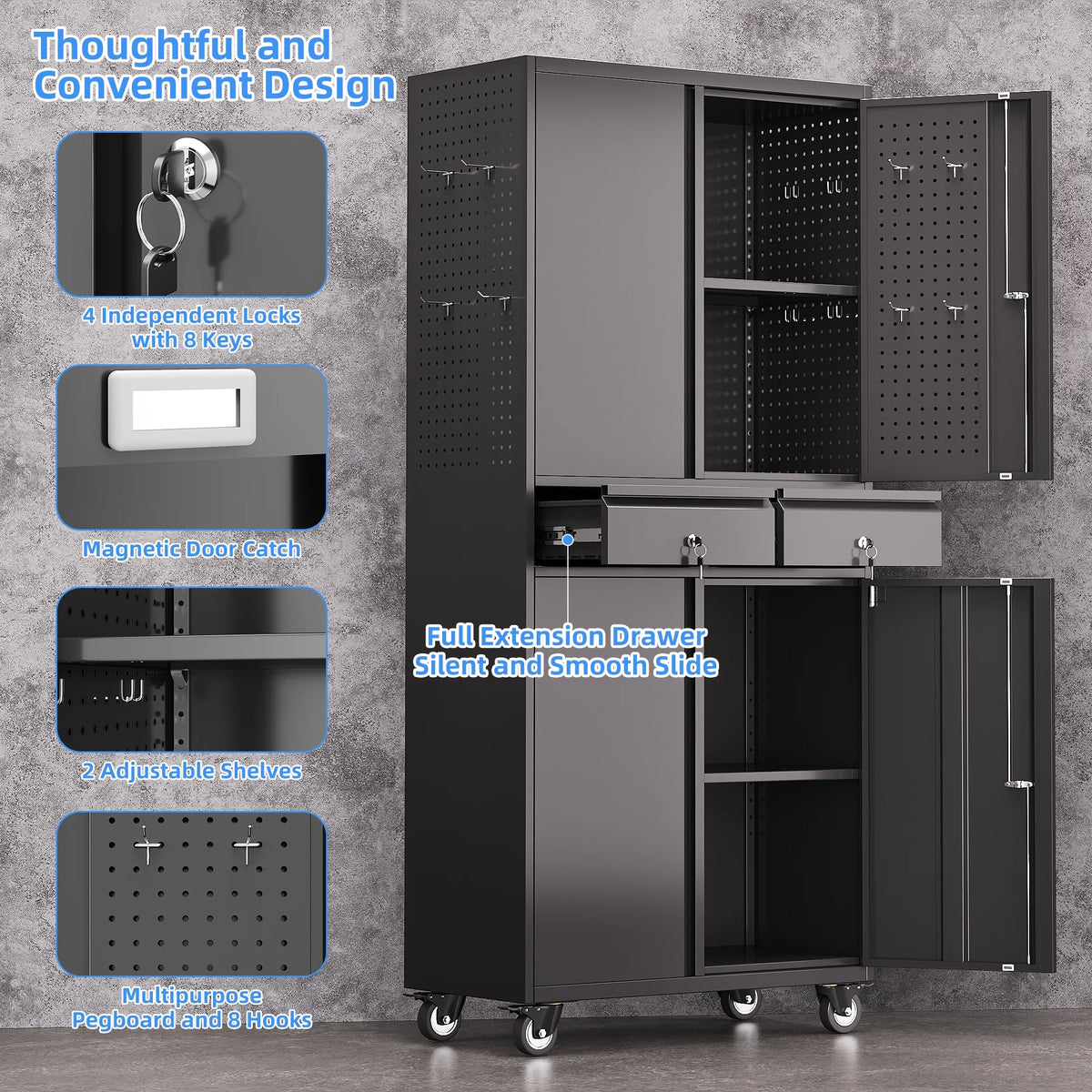 GangMei 71 Inches Tall Metal Garage Storage Cabinets with 5 Adjustable Shelves & Pegboards, Lockable Steel Black Storage Cabinet with Doors for Office, Home, School, Shops, Garage, Assembly required
