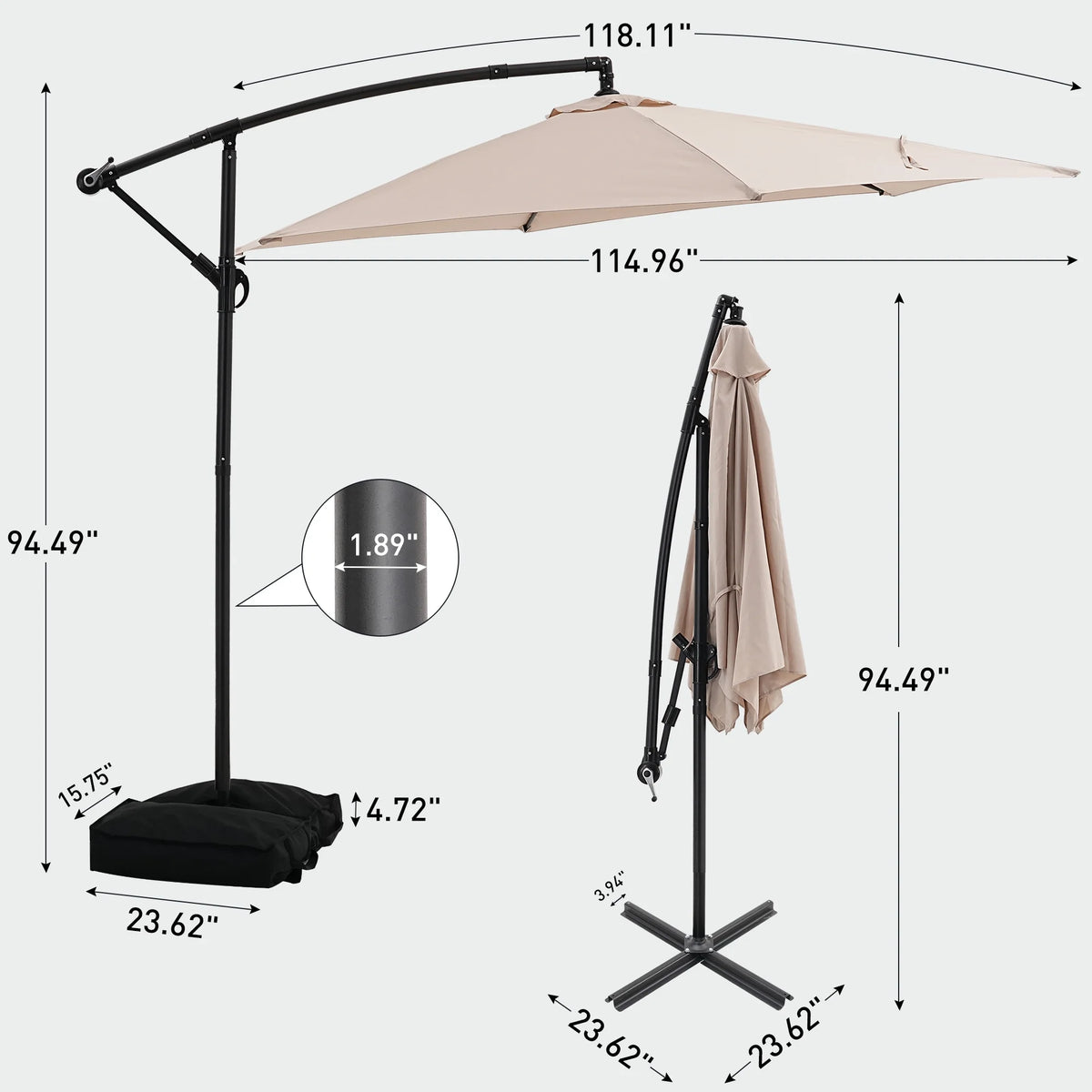 Ainfox 10ft Cantilever Patio Umbrella with Lights, Offset Market Umbrella with Sandbags Weighted Base and Cross Base,Khaki