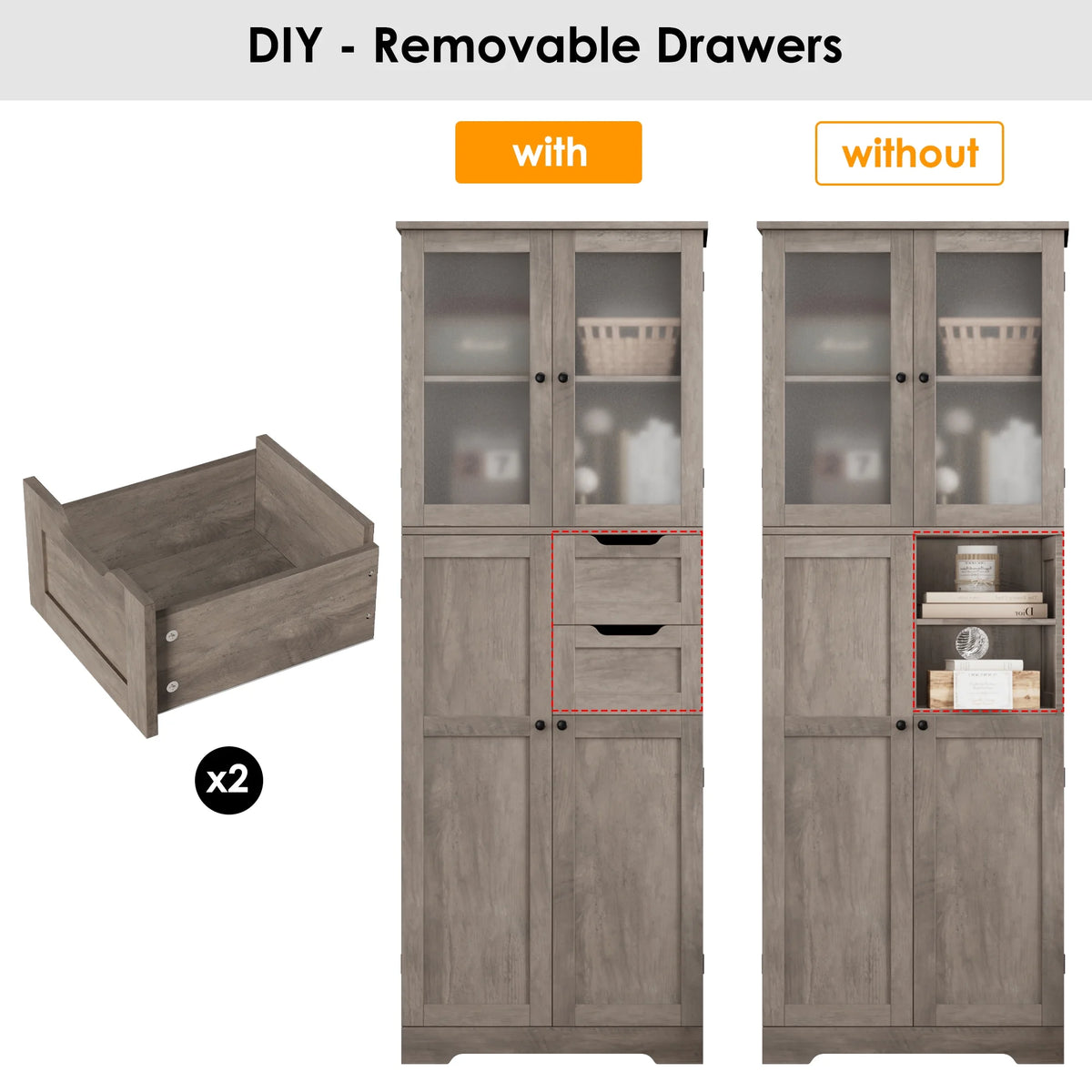 Homfa 67" Tall Bathroom Cabinet, White Linen Cabinet with Doors and Removable Drawers, Kitchen Cupboard
