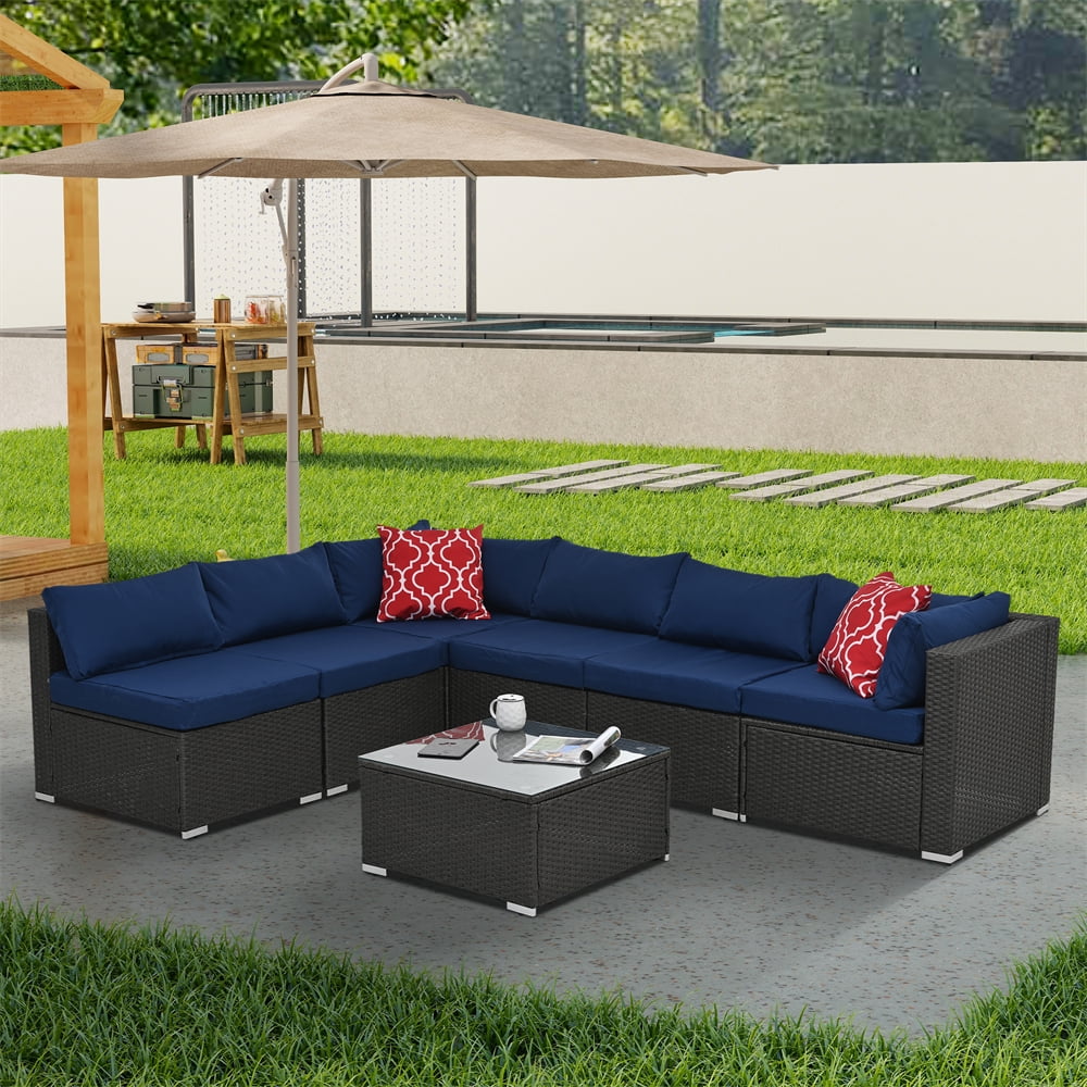 7 Pieces Outdoor Patio Furniture Set, Outdoor Sectional Rattan Sofa, PE Manual Weaving Wicker Patio Conversation Set with Cushion, Glass Table, Pillow, Dark Gray