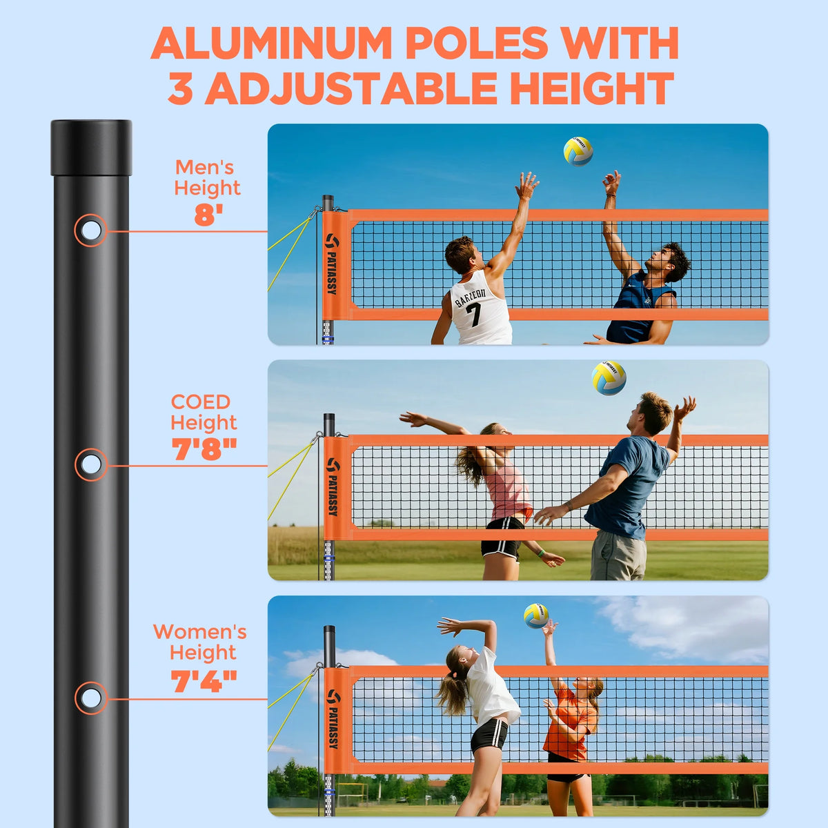 Patiassy Portable Professional Outdoor Volleyball Net Set for Backyard Beach with Adjustable Height Aluminum Poles, Winch System, Volleyball with Pump