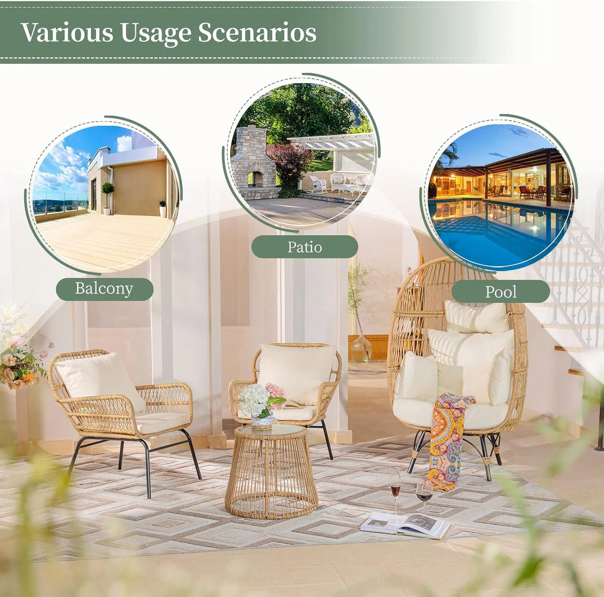 RADIATA 6-Piece Boho Patio Furniture Set, Outdoor Wicker Sectional Sofa Conversation Set with Ice Bucket & Coffee Table, 500lbs Capacity, Beige