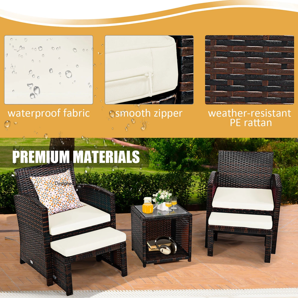 Costway 5PCS Patio Rattan Wicker Furniture Set Sofa Ottoman W/ Cushions White