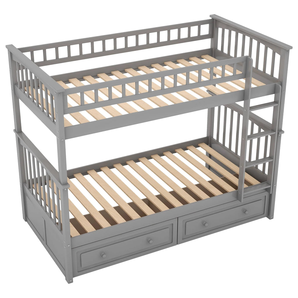 Euroco Pine Wood Bunk Bed with Storage 2 Drawers, Twin-over-Twin Bunk Bed with Safety Rail and Ladder for Kids, Conveted into 2 Single Beds, Sapce-Saving Design, Gray
