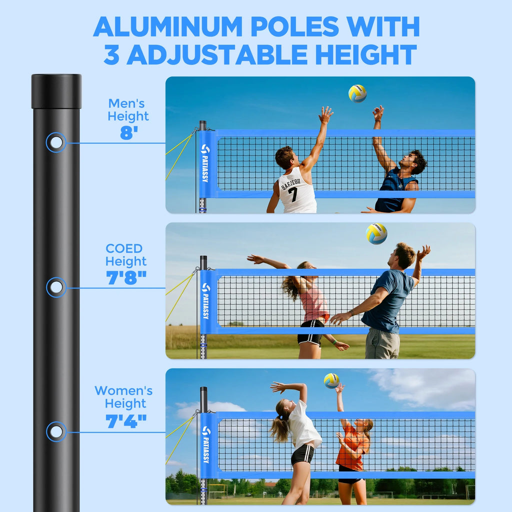 Patiassy Portable Professional Outdoor Volleyball Net Set for Backyard Beach with Adjustable Height Aluminum Poles, Winch System, Volleyball with Pump