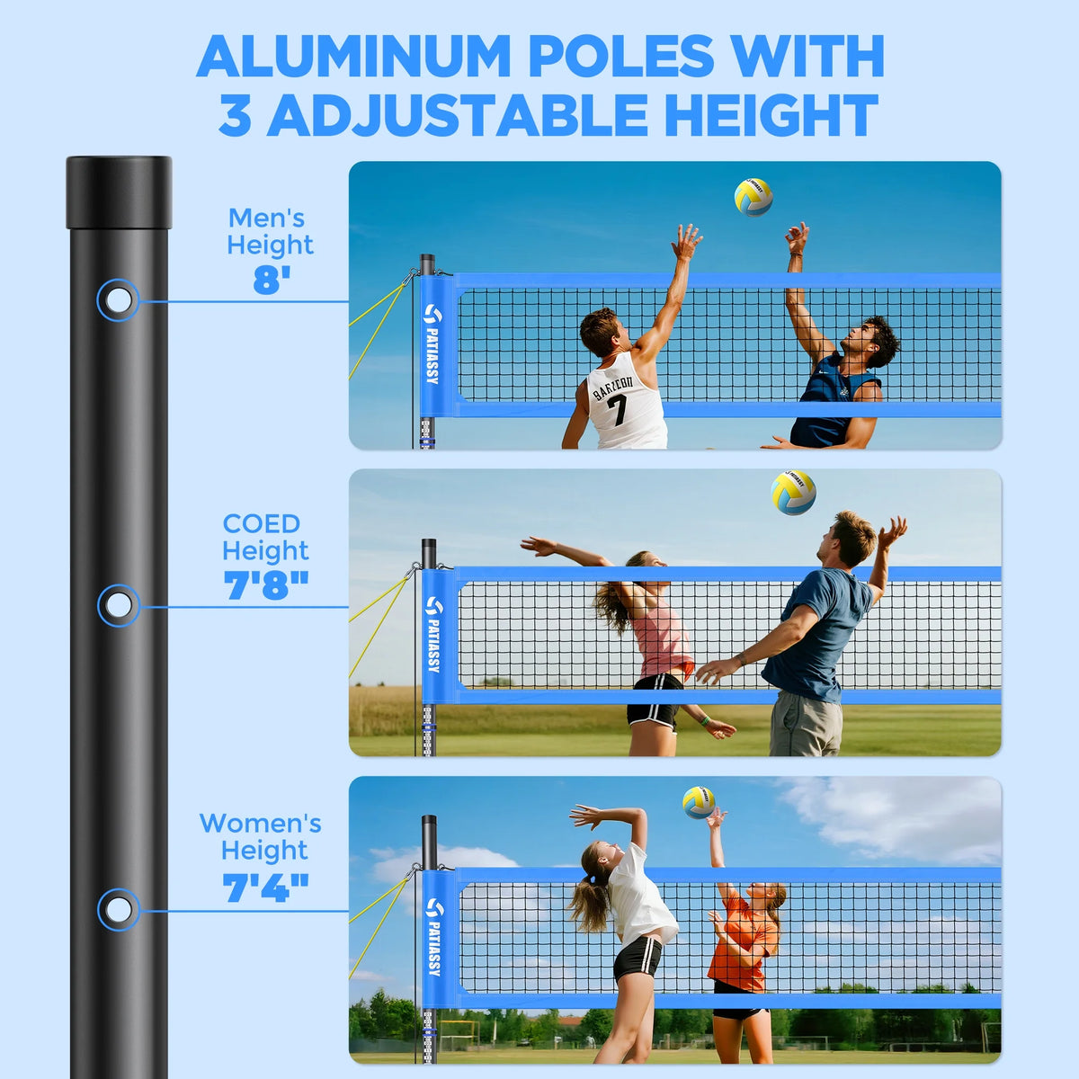 Patiassy Portable Professional Outdoor Volleyball Net Set for Backyard Beach with Adjustable Height Aluminum Poles, Winch System, Volleyball with Pump