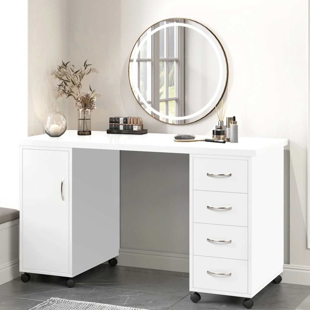Sesslife White Computer Desk, Writing Desk with Lockable Wheels Modern Wood Study Desk with 4 Drawers for Home Office Workstation