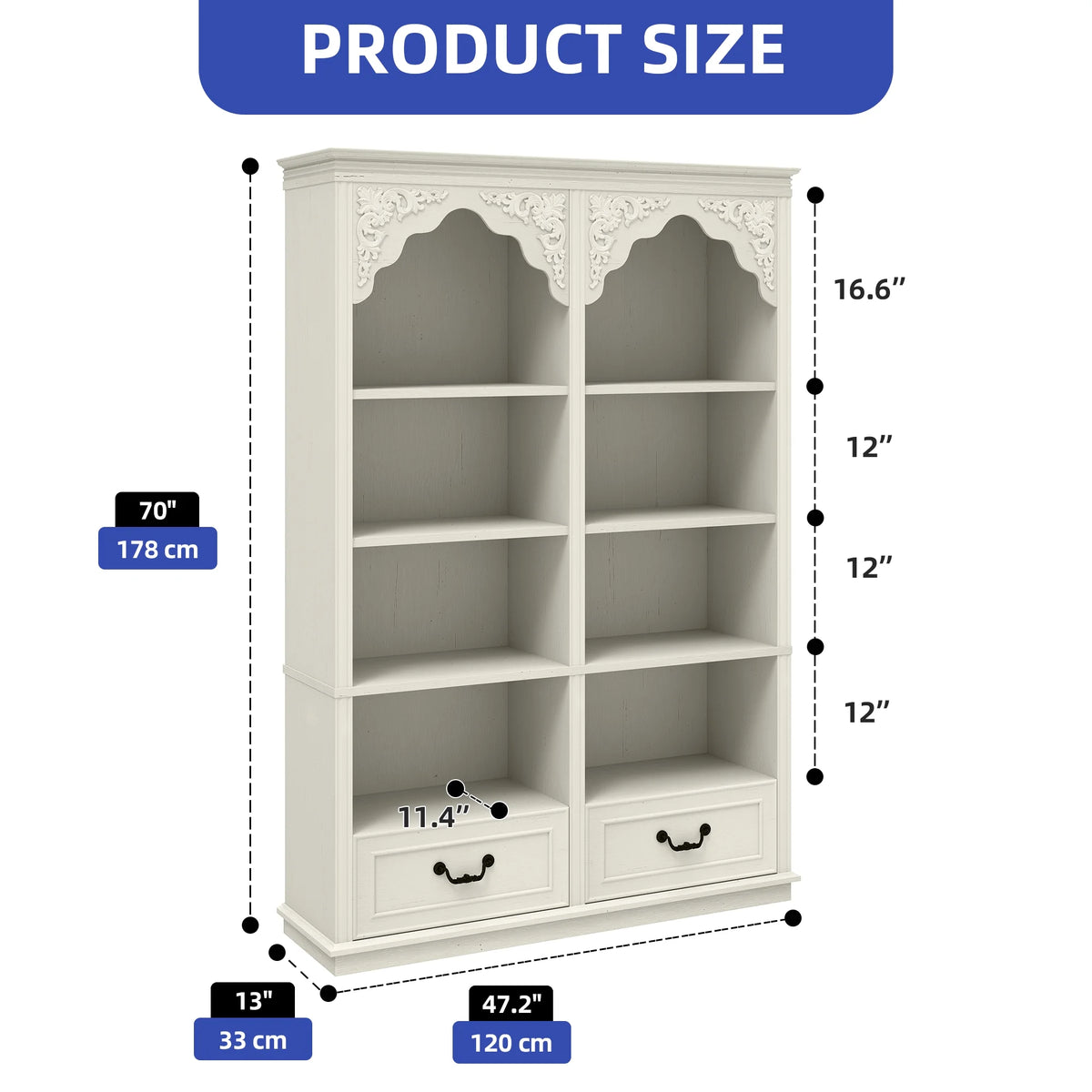 ModFusion 70" Distressed White Bookshelf with Adjustable Shelves and Two Drawers