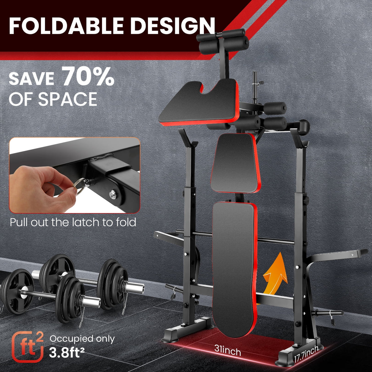 VIBESPARK Adjustable Weight Bench 600lbs 5-in-1 Foldable Workout Bench Set with Barbell Rack Leg Developer Preacher Curl Rack Dumbbell Fly Attachment, Multi-Function Strength Training Bench Press