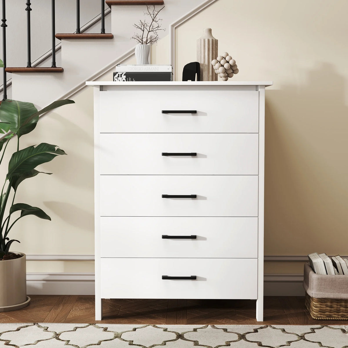 Costway Modern 5 Drawer Chest Storage Dresser Cabinet with Metal Handles Gray Oak