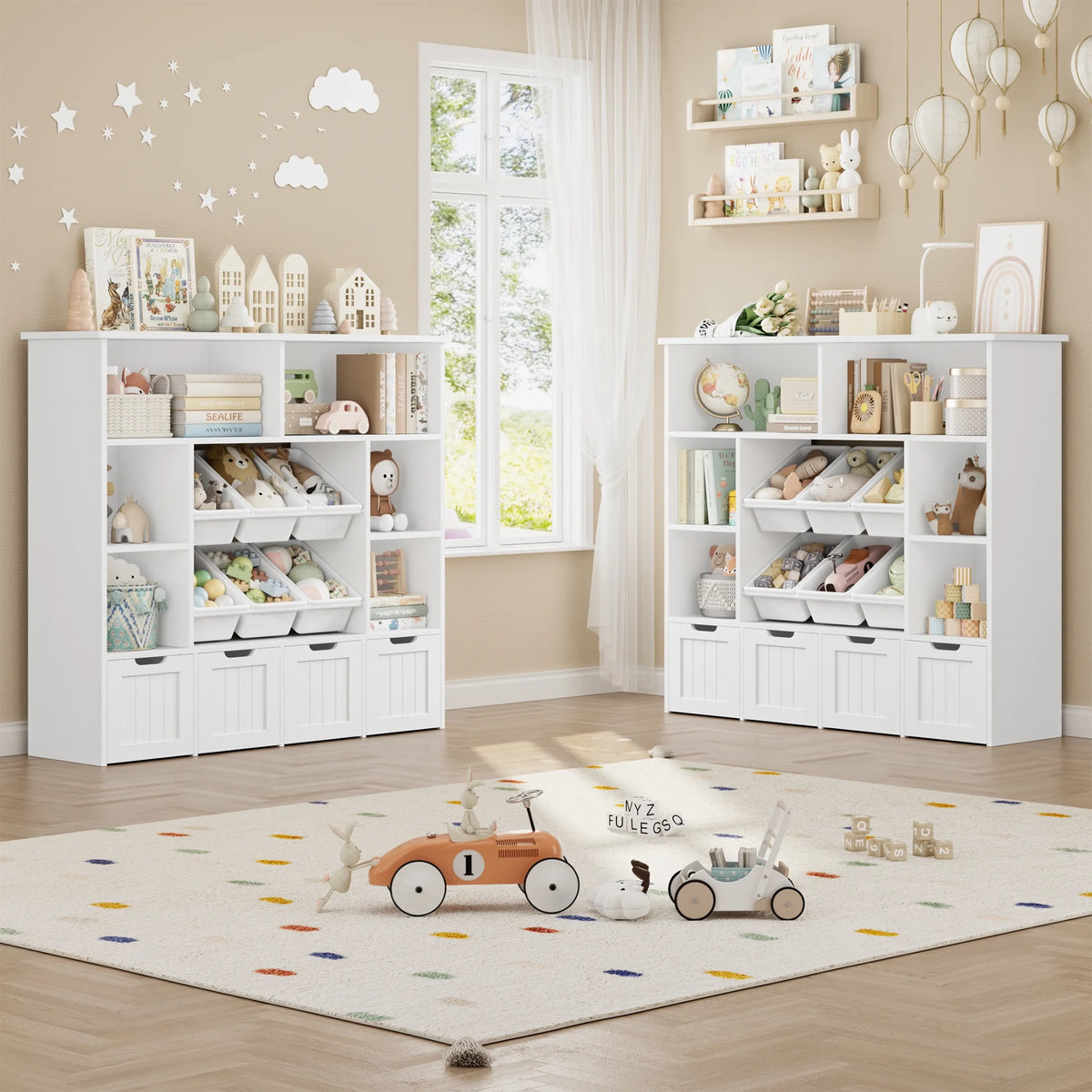 Hiphuta Large 4 Tier Kids Bookcase, Wood Toy Organizer of 6 Boxes & 4 Removable Drawers, Bookshelf for Kids Room, White