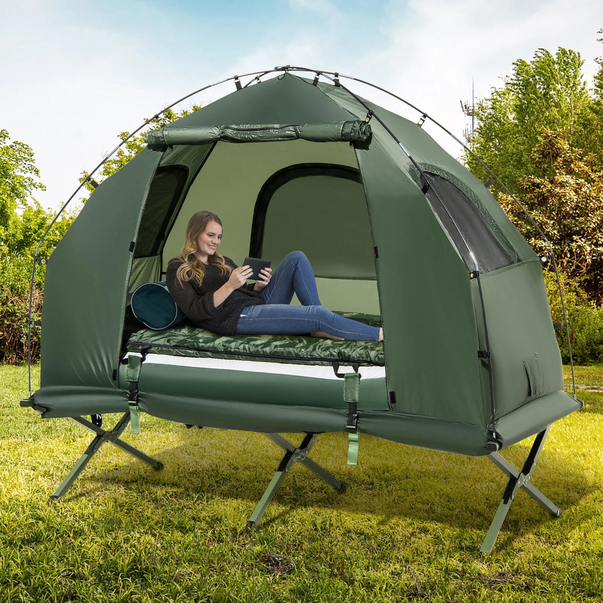 Goplus 1-Person Waterproof Camping Tent Cot with Air Mattress, Pillow, Sleeping Bag