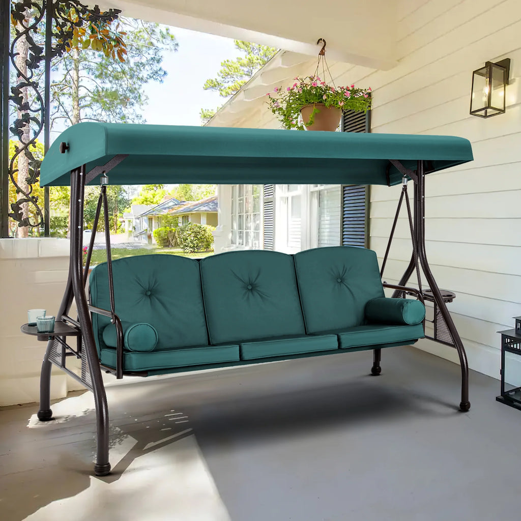 Homrest 3 Seat Outdoor Porch Swing with Adjustable Canopy, Cushions, and Cup Holder - Wine Red