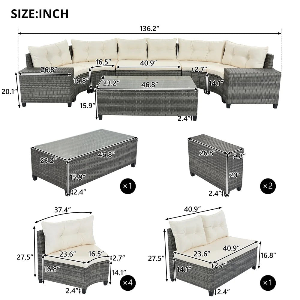 8 Pieces Outdoor Wicker Round Furniture Set, All Weather Half-Moon Sectional Patio Sofa Sets with Rectangular Coffee Table, Beige