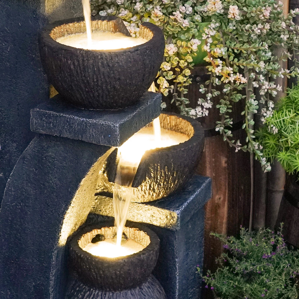 Outdoor Water Garden Fountain 37.40 H Waterfall Small Fountains Cascading Bowl and Jar Water Feature with LED Light for Backyard Patio Porch and Home Art Decor