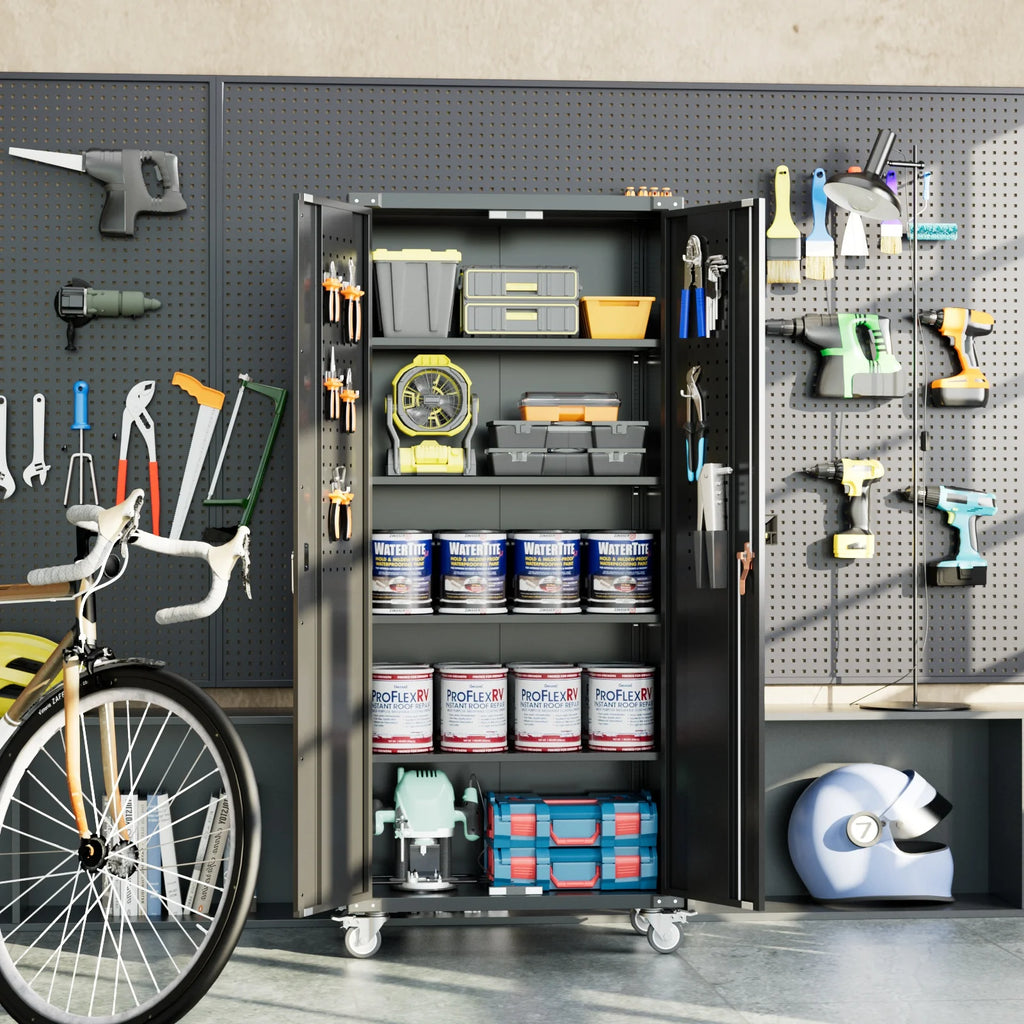 GangMei 71 Inches Tall Metal Garage Storage Cabinets with 5 Adjustable Shelves & Pegboards, Lockable Steel Black Storage Cabinet with Doors for Office, Home, School, Shops, Garage, Assembly required