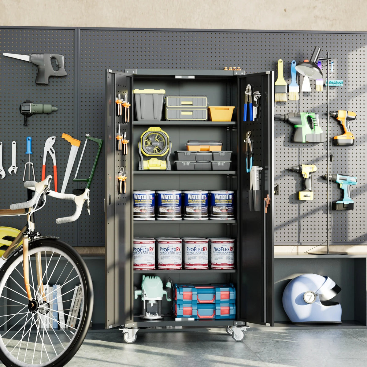 GangMei 71 Inches Tall Metal Garage Storage Cabinets with 5 Adjustable Shelves & Pegboards, Lockable Steel Black Storage Cabinet with Doors for Office, Home, School, Shops, Garage, Assembly required