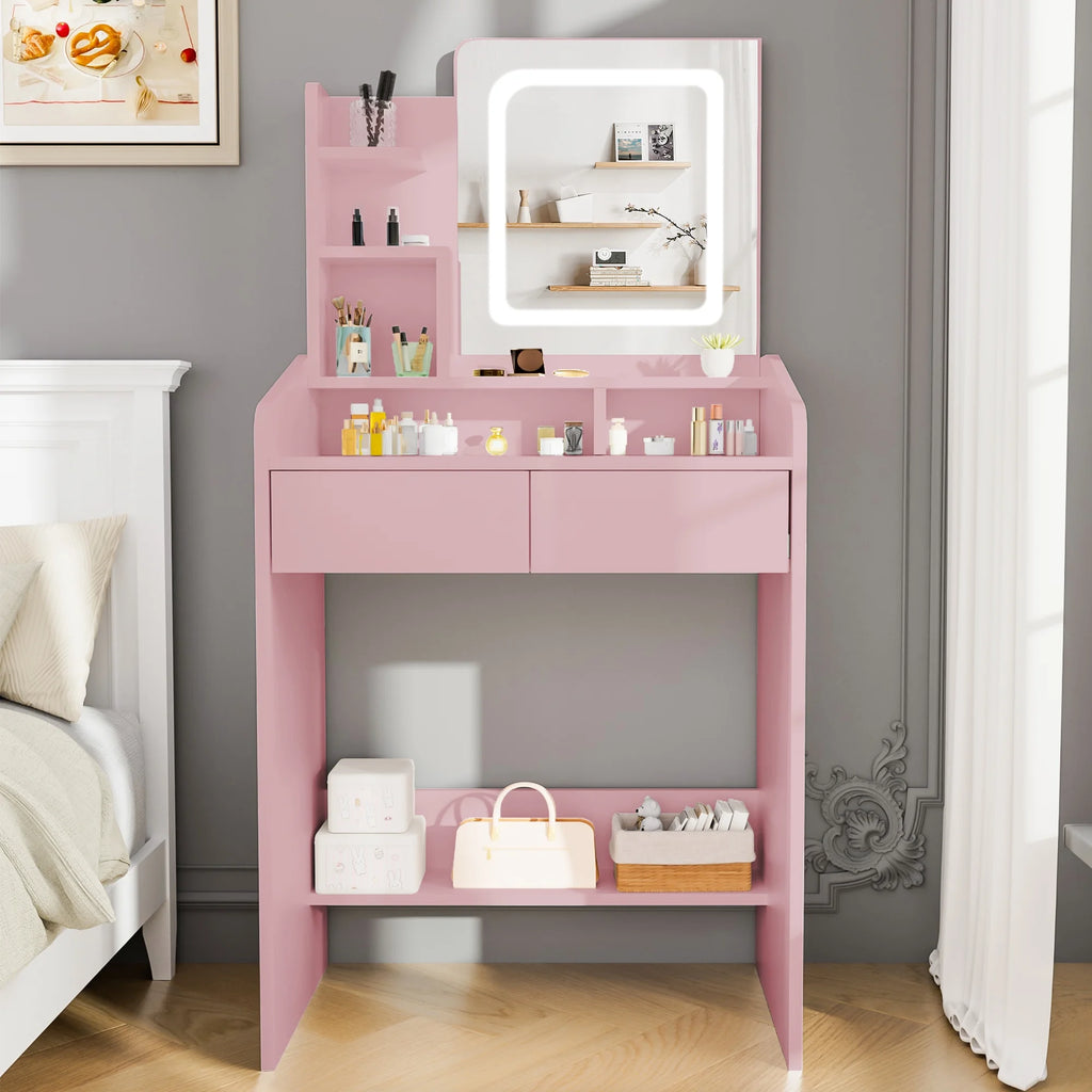 LIVELYGLOW Vanity Desk Set with Square Mirror and Light- Small Vanity Table with Drawers- White