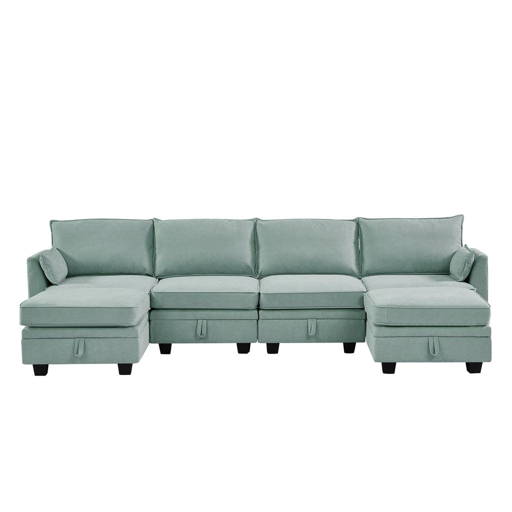 Euroco Large U-Shaped Sectional Sofa 6 Seat Convertible Sofa with Storage Seat, Modular Sofa with 2 Stools, Green