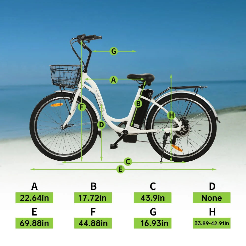 26 Inch 36V 10AH 350W City Bike Electric Bicycle e-bike White with Basket 7 Speed Step Through Commuter for Women Girls