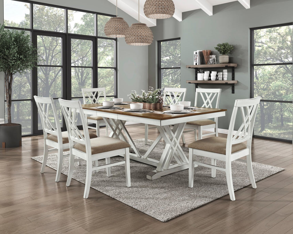 2 PCS Dining Side Chairs Furniture, Fabric Upholstered Seat Dining Chairs with X-Back Design, Wooden Cross Back Chairs for Dining Room, Bedroom and Kitchen, White and Oak Finish