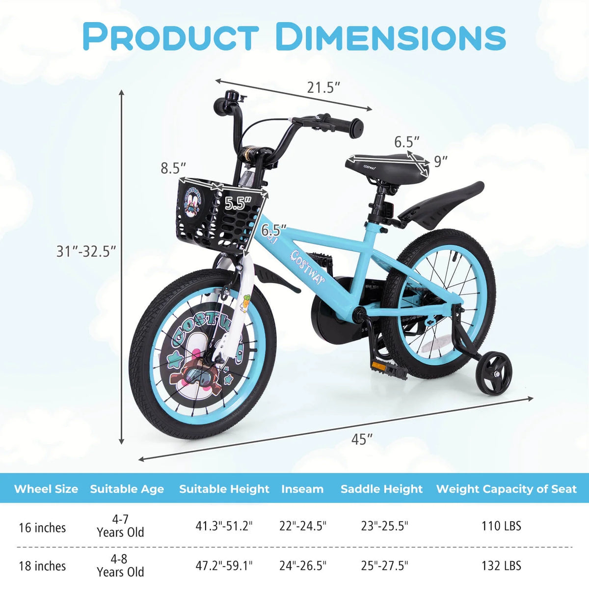 Costway 16" Kid’s Bike for 4-7 with Height-Adjustable Handlebar & Saddle Handbrake Blue