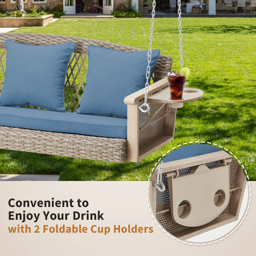 Homrest 3-Person Porch Swing 55in Wicker Hanging Swing Bench with Cushions and Cupholders for Deck, Garden and Backyard, Beige